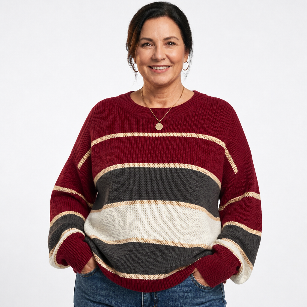 Women's Wide Striped Colorblock Chunky Sweater - Burgundy