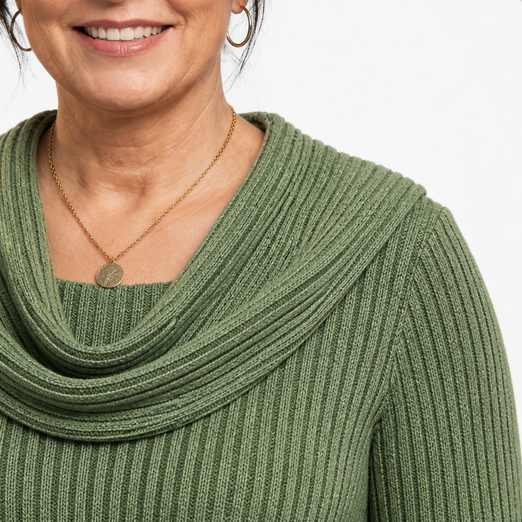 Women's Plus Size Cowl Neck Ribbed Knit Top - Green detail