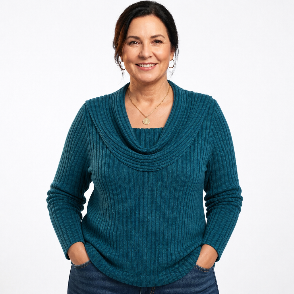 Women's Plus Size Cowl Neck Ribbed Knit Top - Peacock Blue
