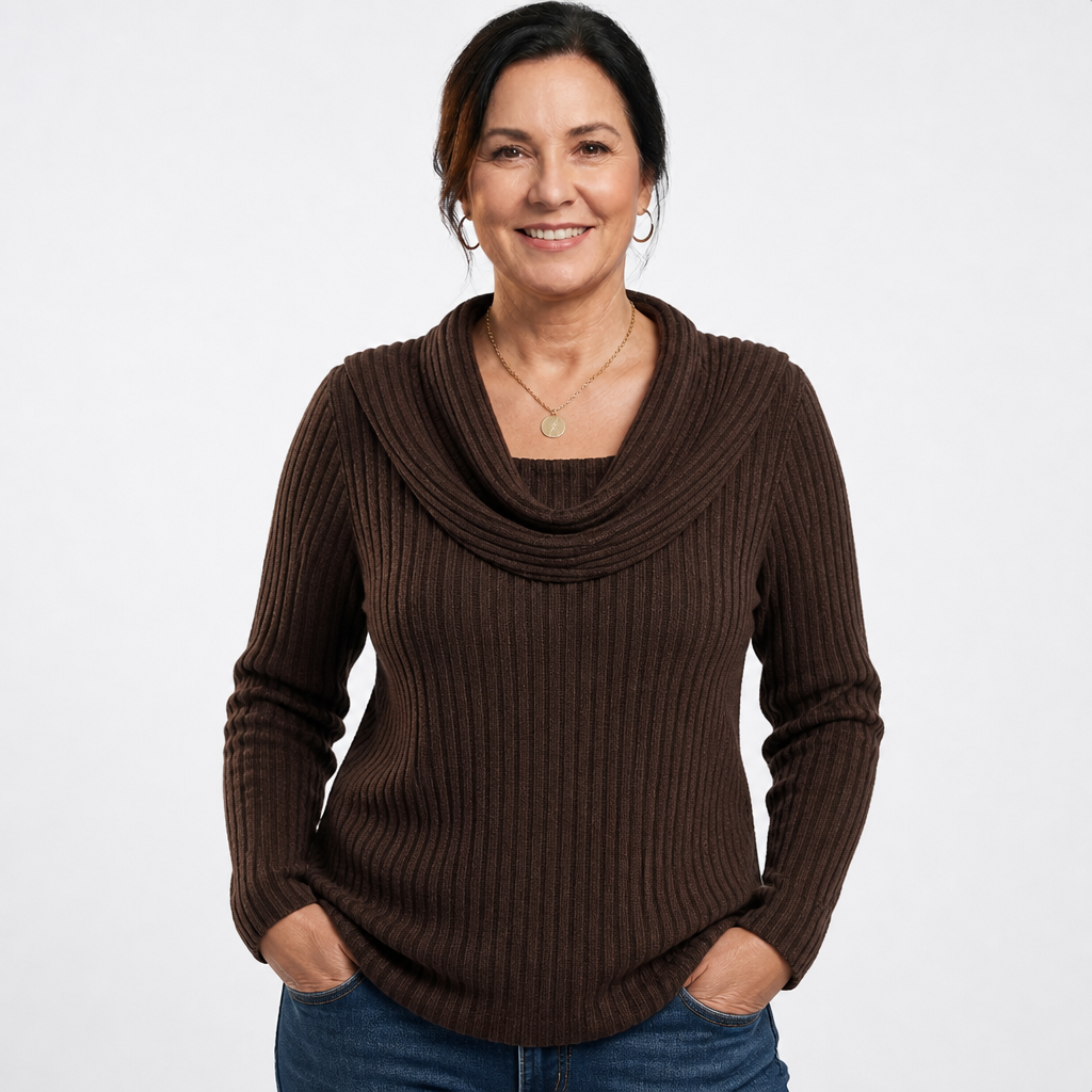 Women's Plus Size Cowl Neck Ribbed Knit Top - Dark Brown