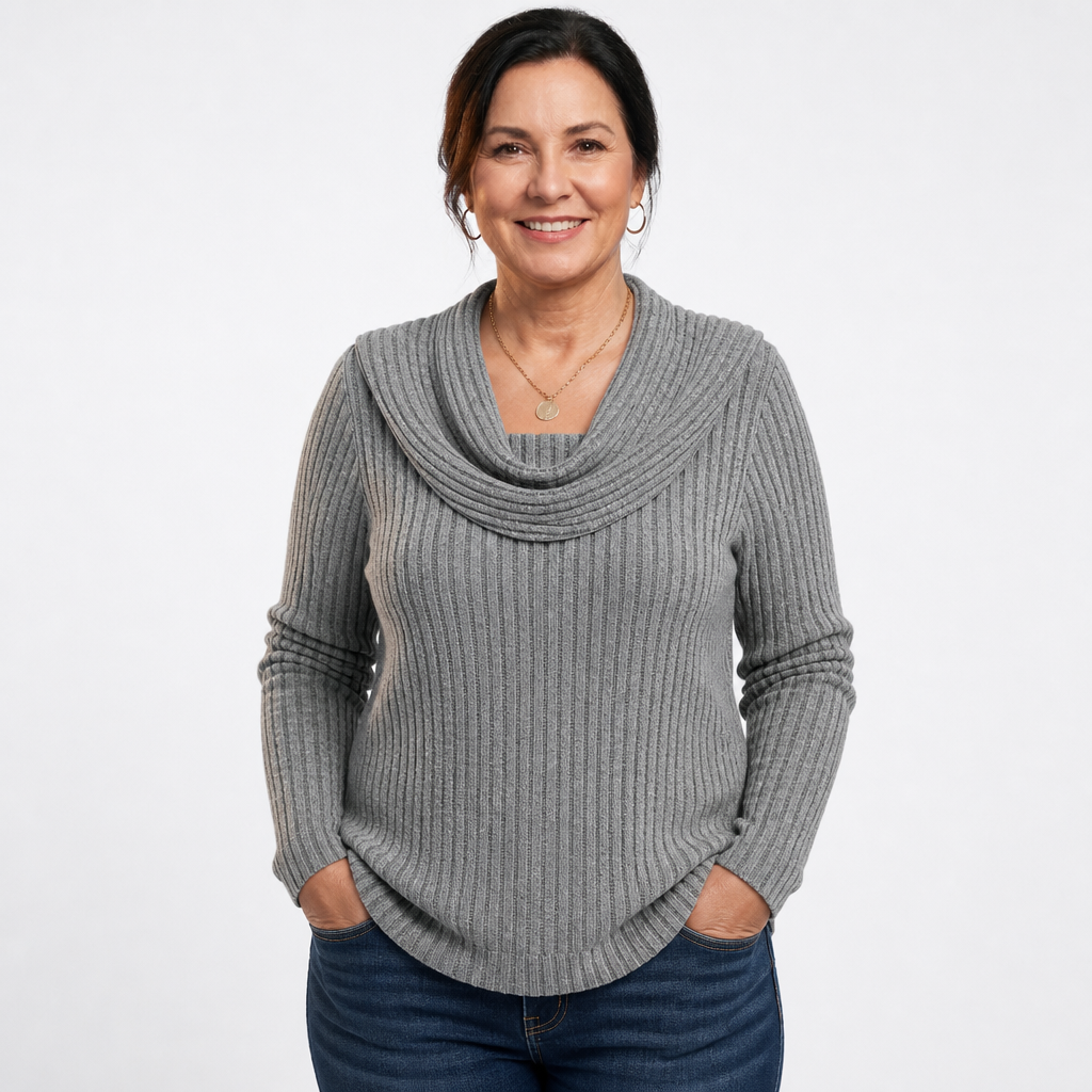 Women's Plus Size Cowl Neck Ribbed Knit Top - Gray