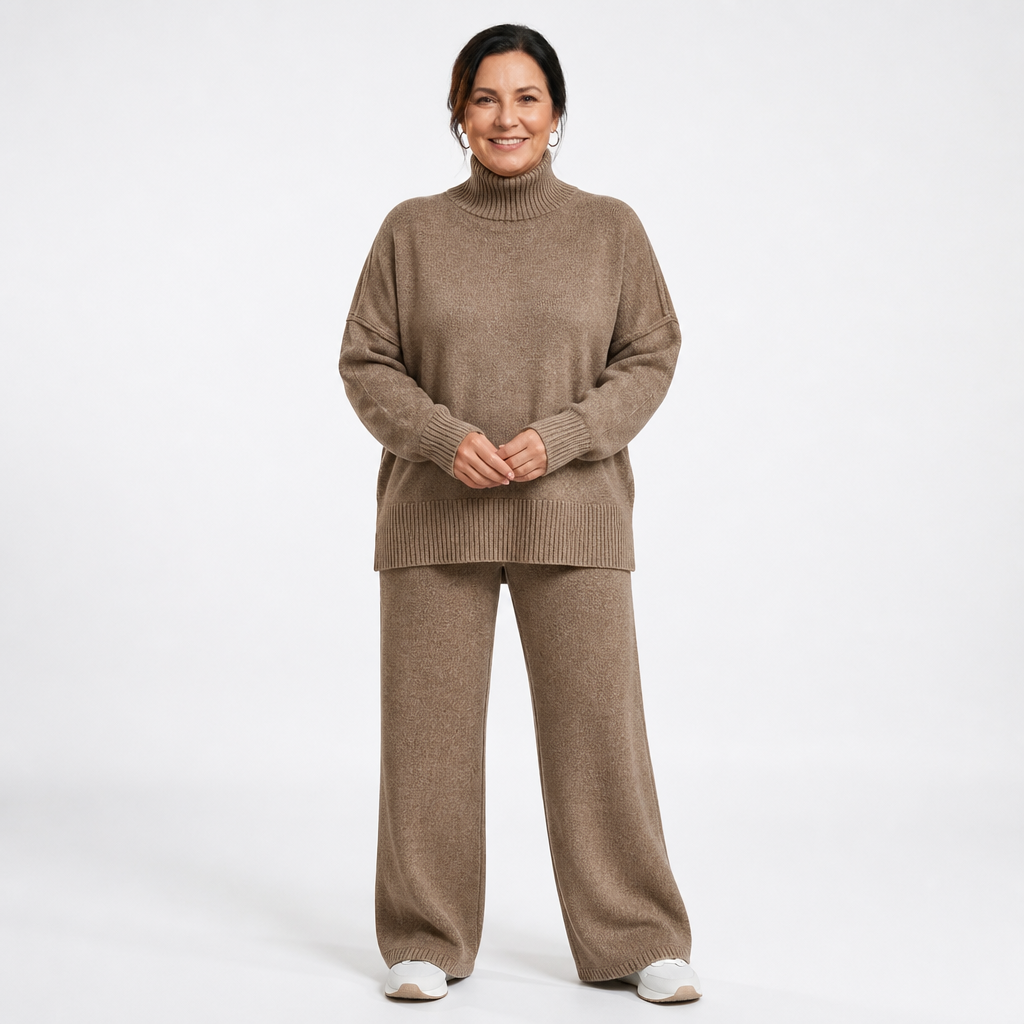 Women's Turtleneck Sweater Wide Leg Pants Set - Brown