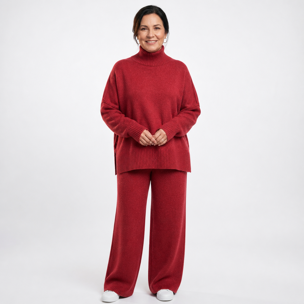 Women's Turtleneck Sweater Wide Leg Pants Set - Red