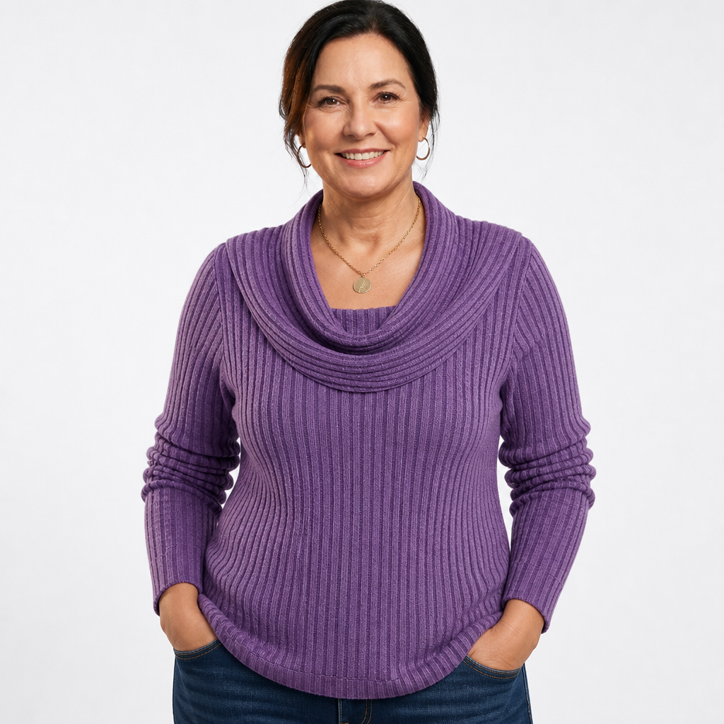 Women's Plus Size Cowl Neck Ribbed Knit Top - Purple