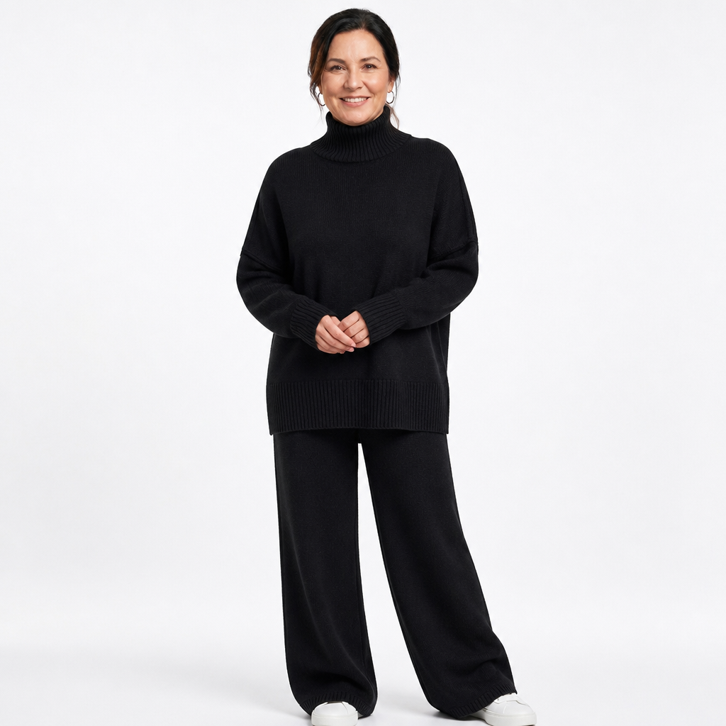 Women's Turtleneck Sweater Wide Leg Pants Set - Black