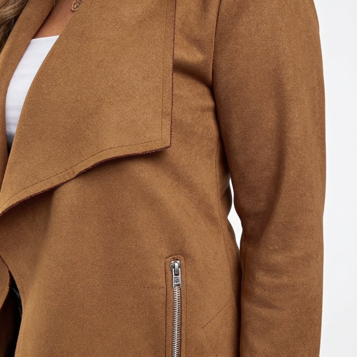 Women's Faux Suede Waterfall Drape Jacket - Brown detail