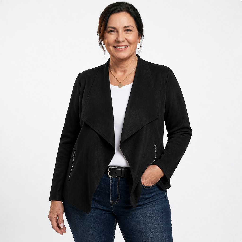 Women's Faux Suede Waterfall Drape Jacket - Black