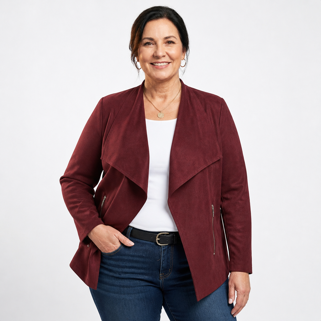 Women's Faux Suede Waterfall Drape Jacket - Burgundy