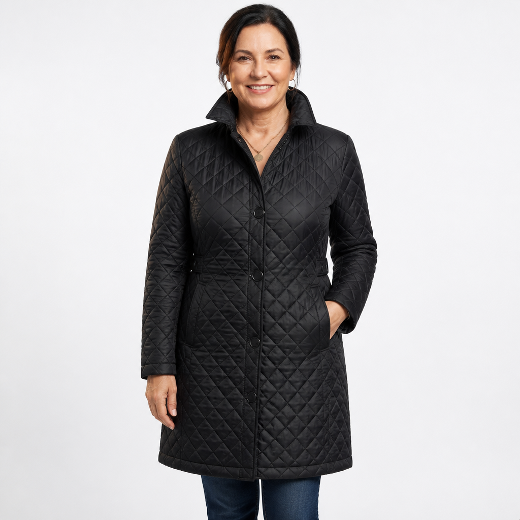 Women's Plus Size Long Diamond Quilted Jacket - Black
