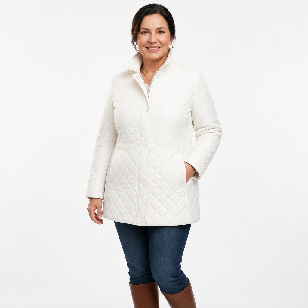 Women's Plus Size Long Diamond Quilted Jacket - White