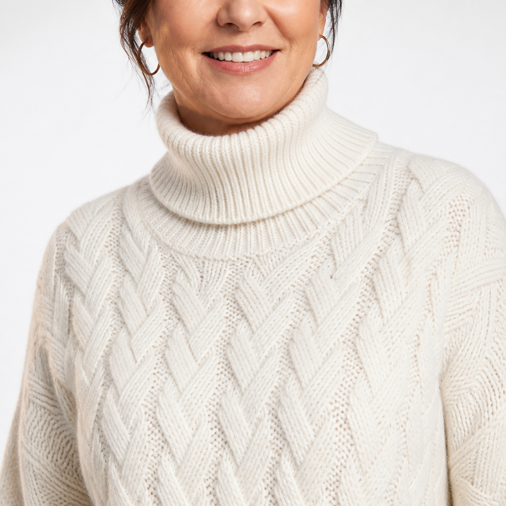 Women's Oversized Chunky Cable Knit Turtleneck Sweater - Cream detail