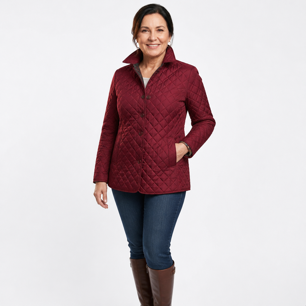 Women's Plus Size Long Diamond Quilted Jacket - Dark Red