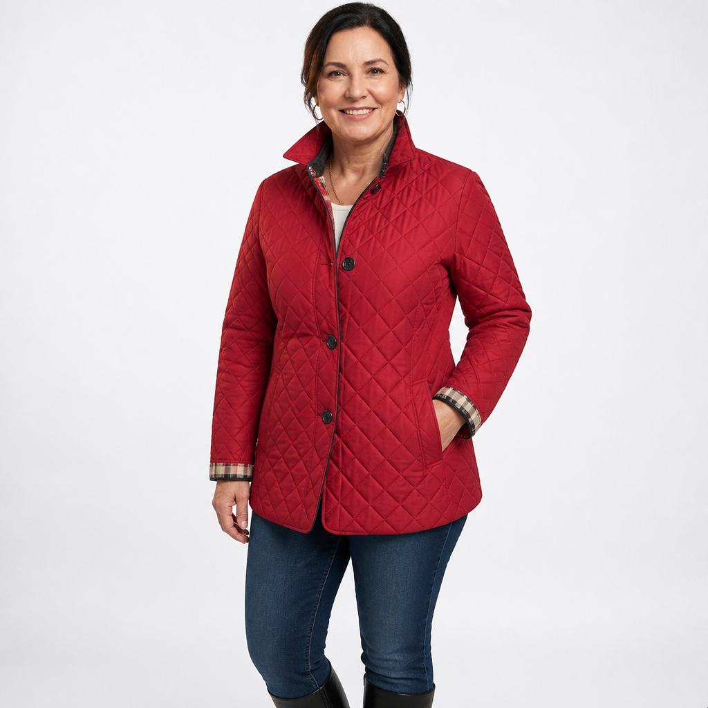 Women's Plus Size Long Diamond Quilted Jacket - Red