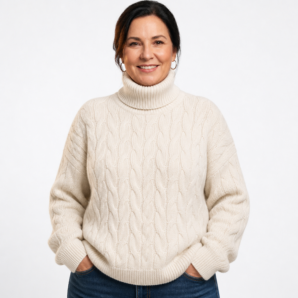 Women's Oversized Chunky Cable Knit Turtleneck Sweater - Beige
