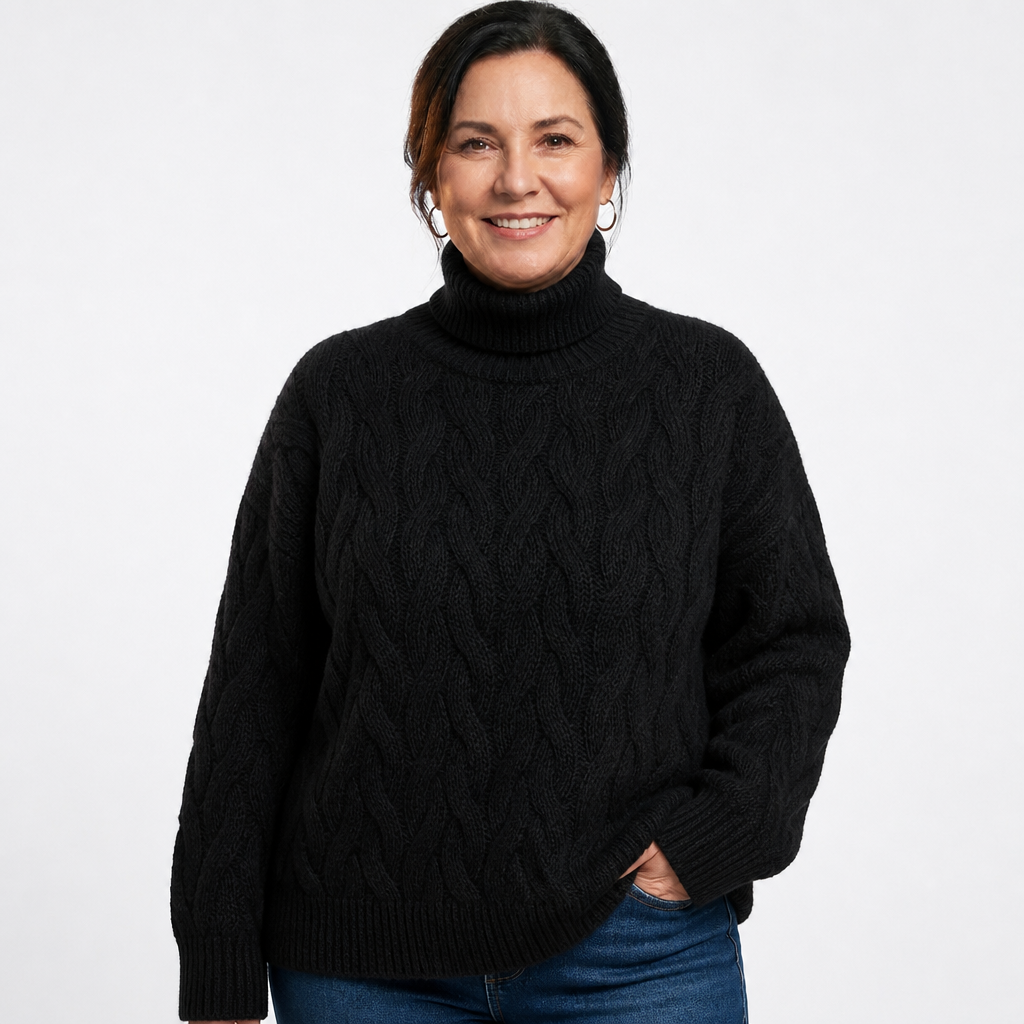 Women's Oversized Chunky Cable Knit Turtleneck Sweater - Black