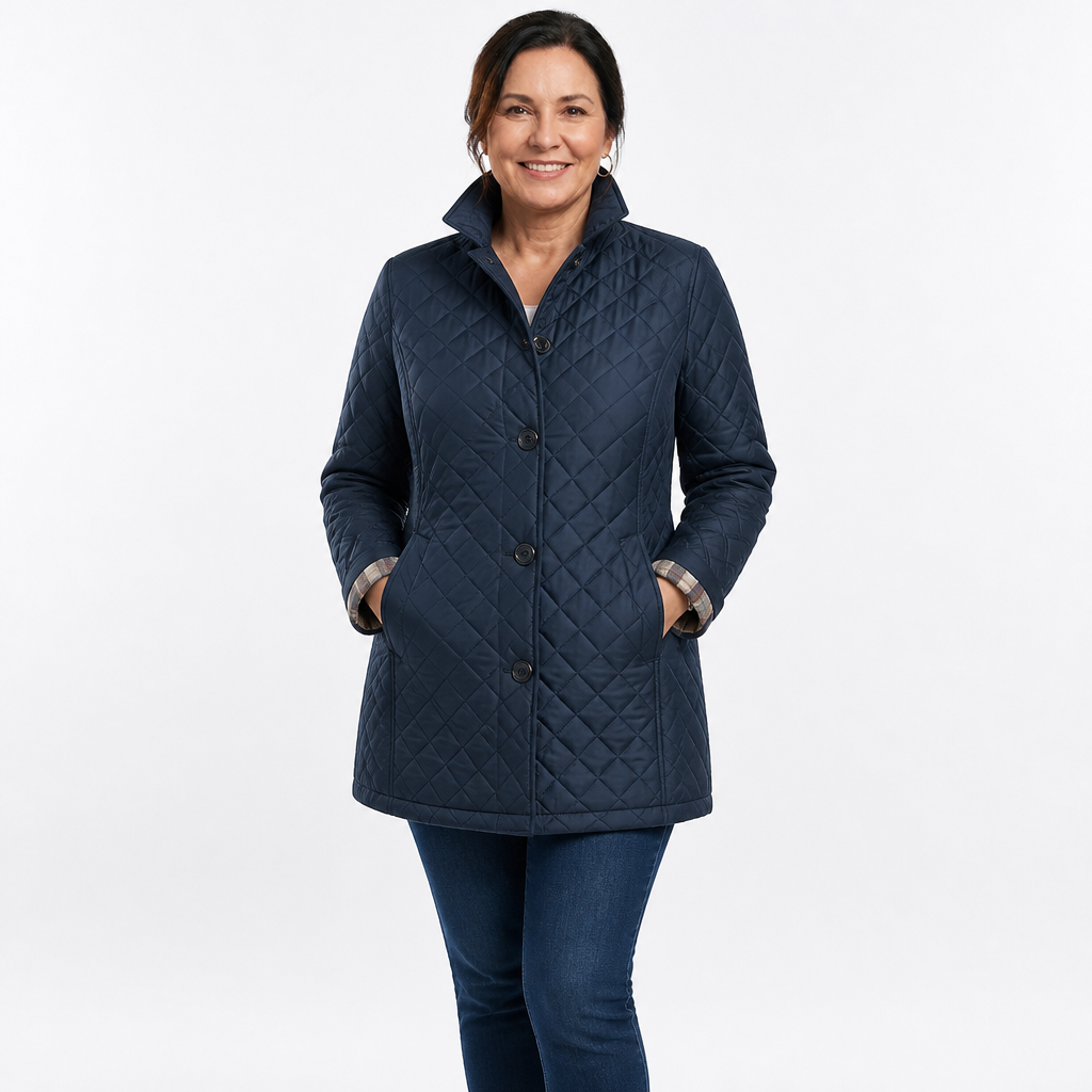 Women's Plus Size Long Diamond Quilted Jacket - Blue
