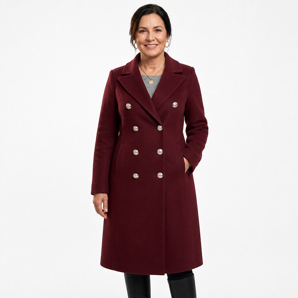 Women's Plus Size Long Double Breasted Overcoat - Burgundy