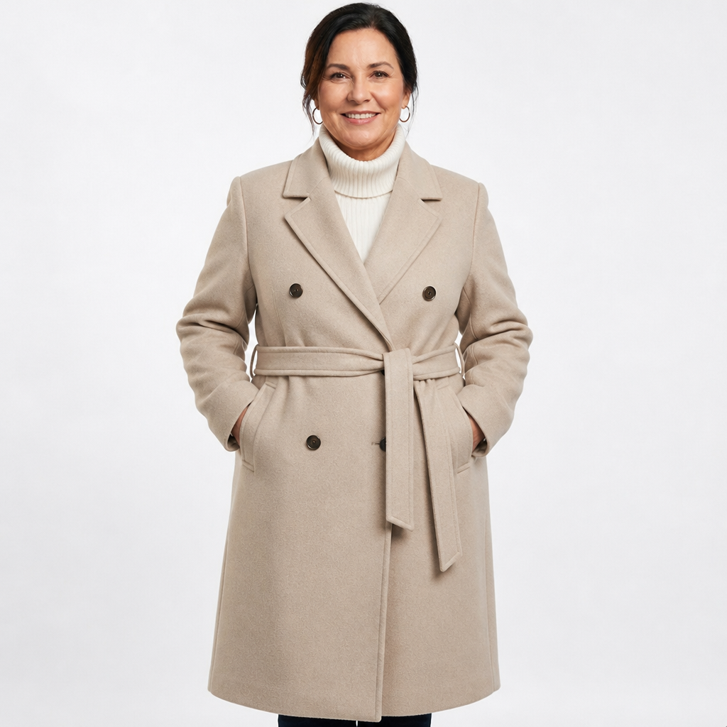 Women's Plus Size Belted Double Breasted Wool Coat - Khaki