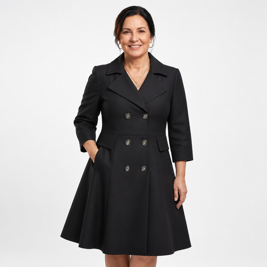 Women's Plus Size Double Breasted Fit and Flare Trench Coat Dress - Black
