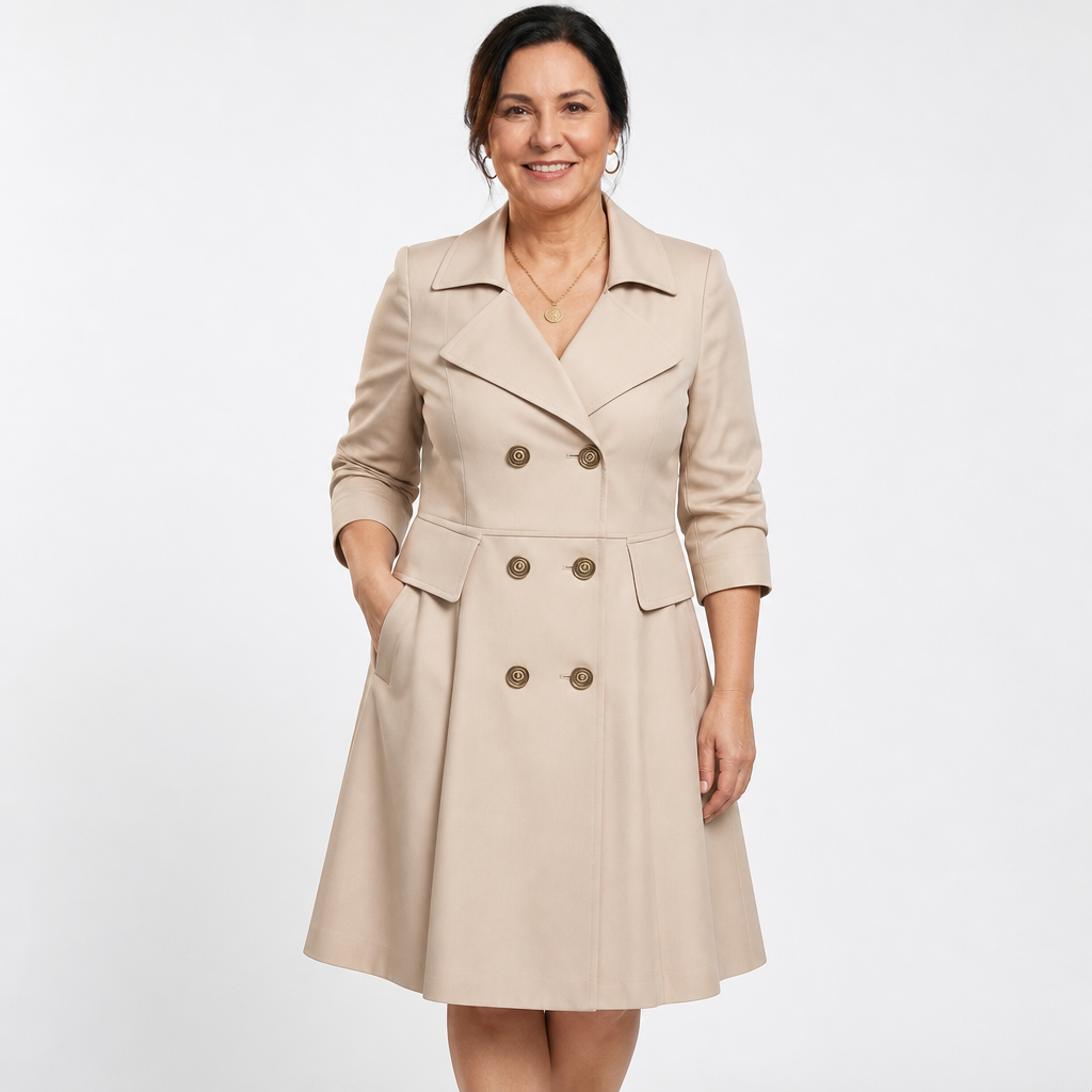 Women's Plus Size Double Breasted Fit and Flare Trench Coat Dress - Beige