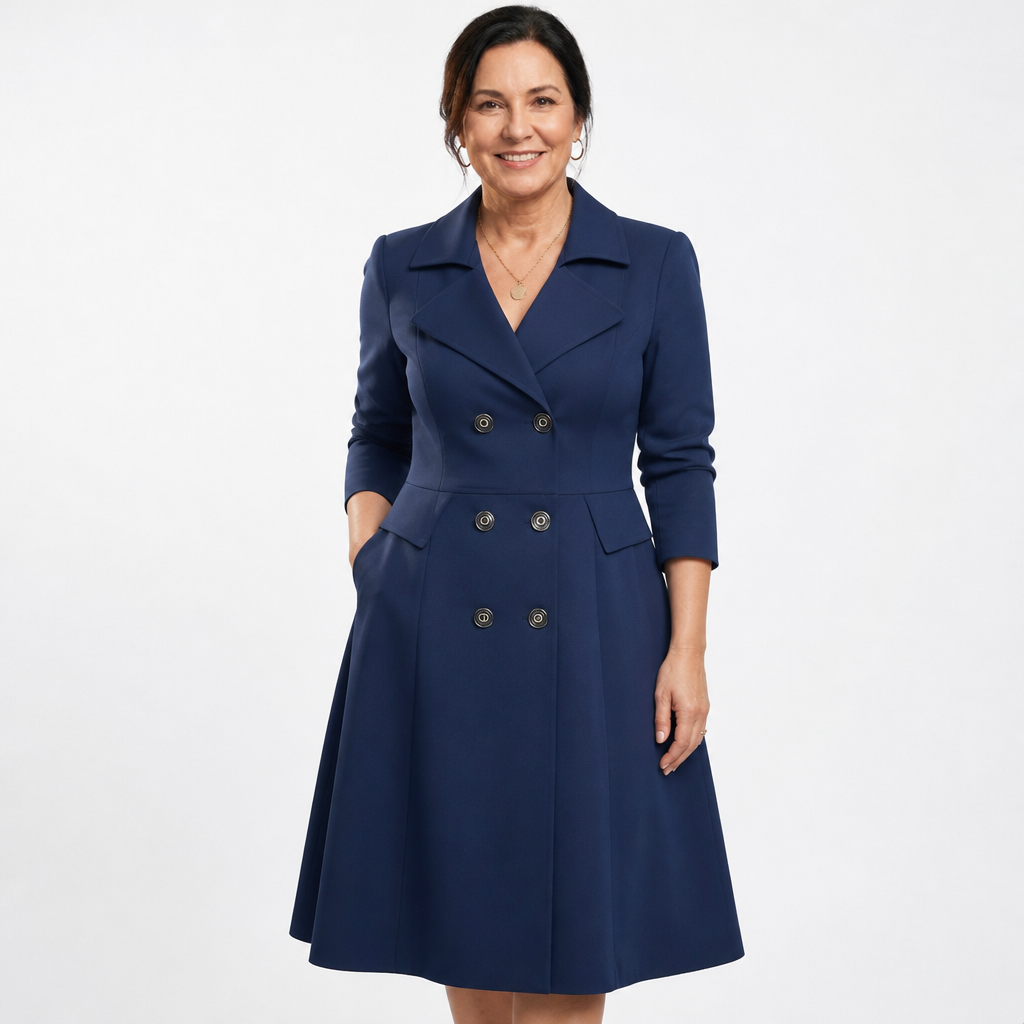 Women's Plus Size Double Breasted Fit and Flare Trench Coat Dress - Blue