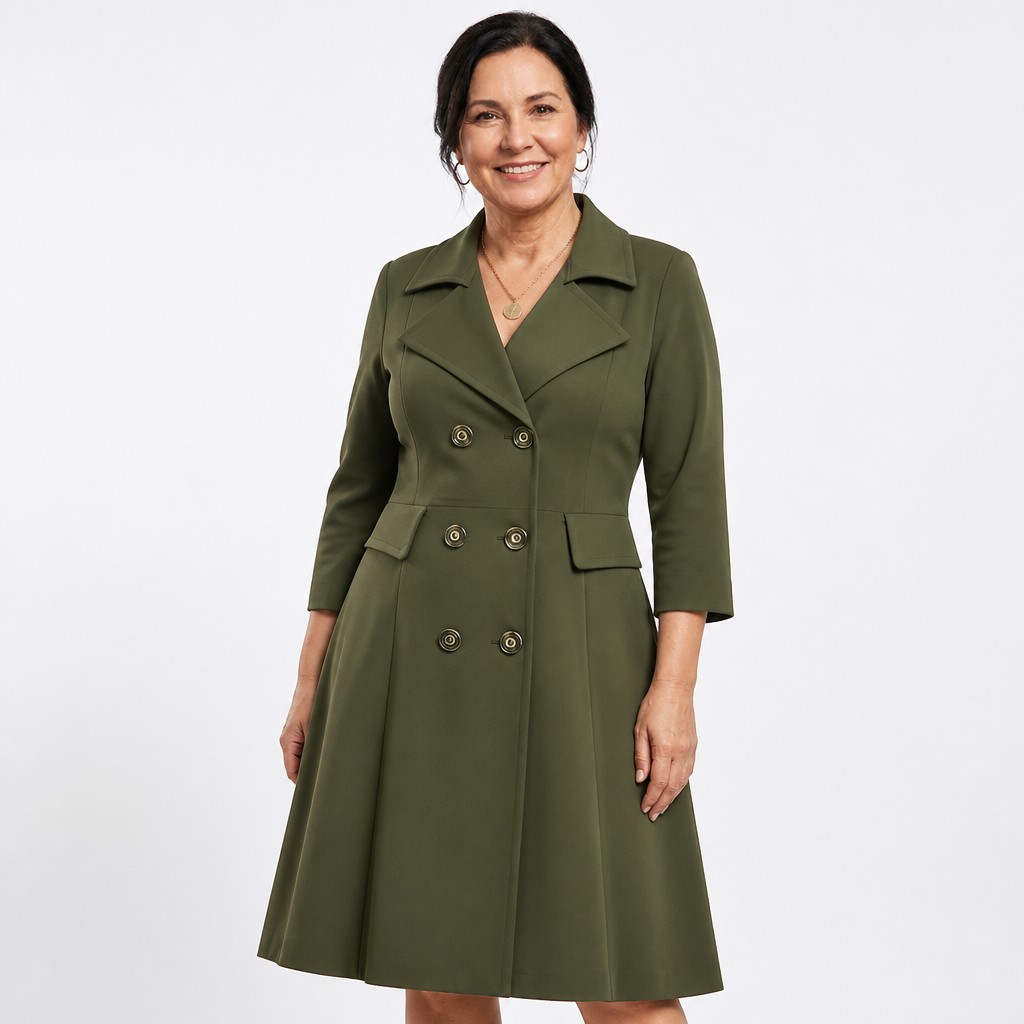 Women's Plus Size Double Breasted Fit and Flare Trench Coat Dress - Green