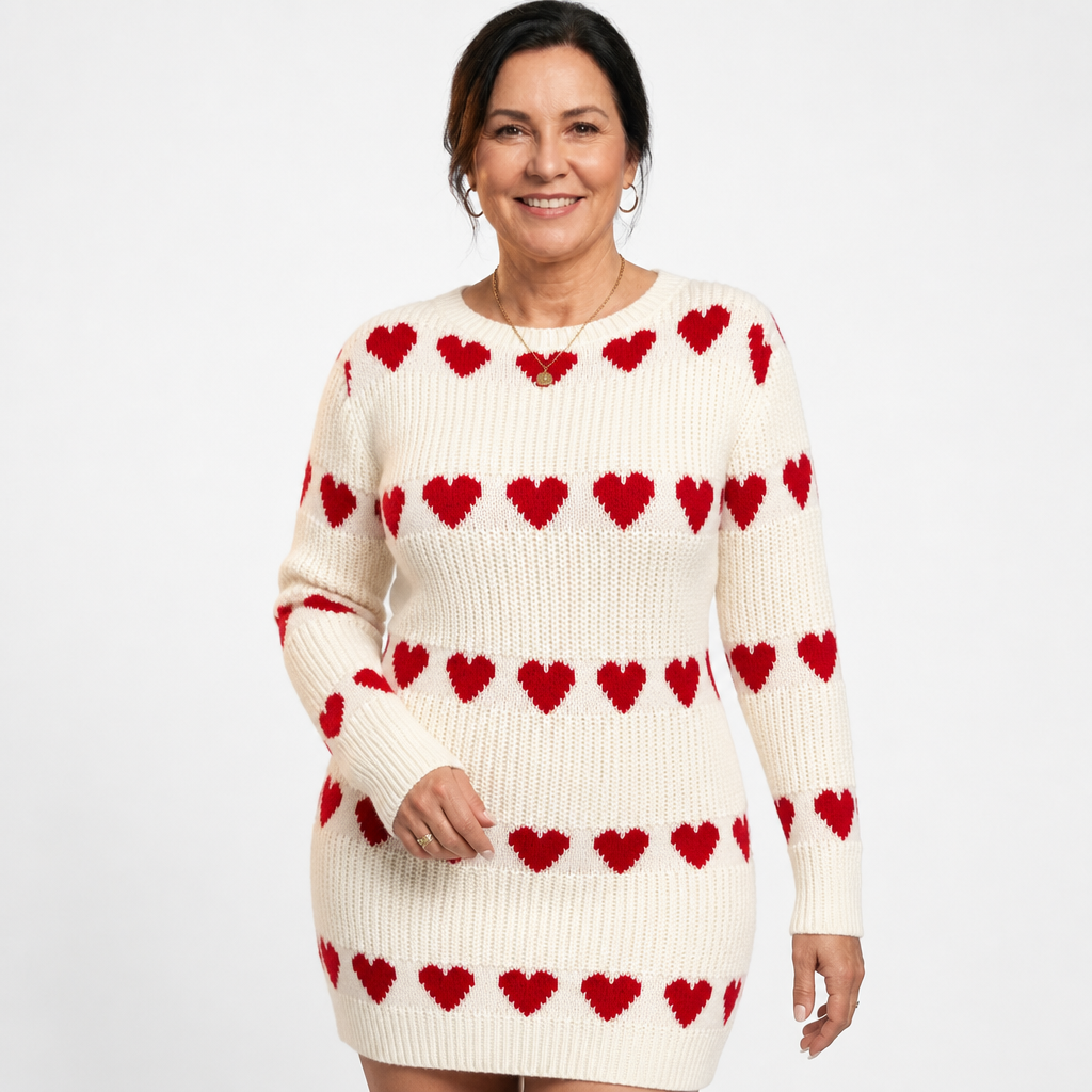 Women's White Heart Print Sweater Mini Dress - White