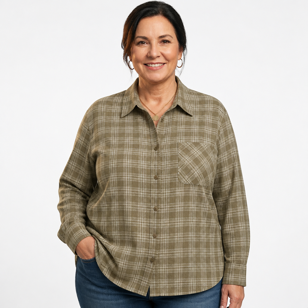 Women's Plaid Flannel Button Up Shirt - Khaki