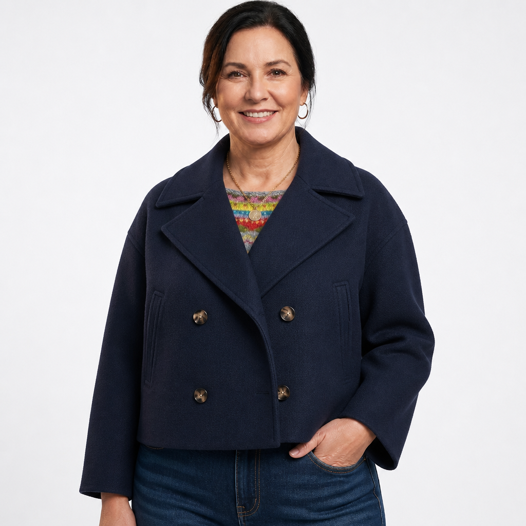Women's Boxy Cropped Double Breasted Blazer - Navy