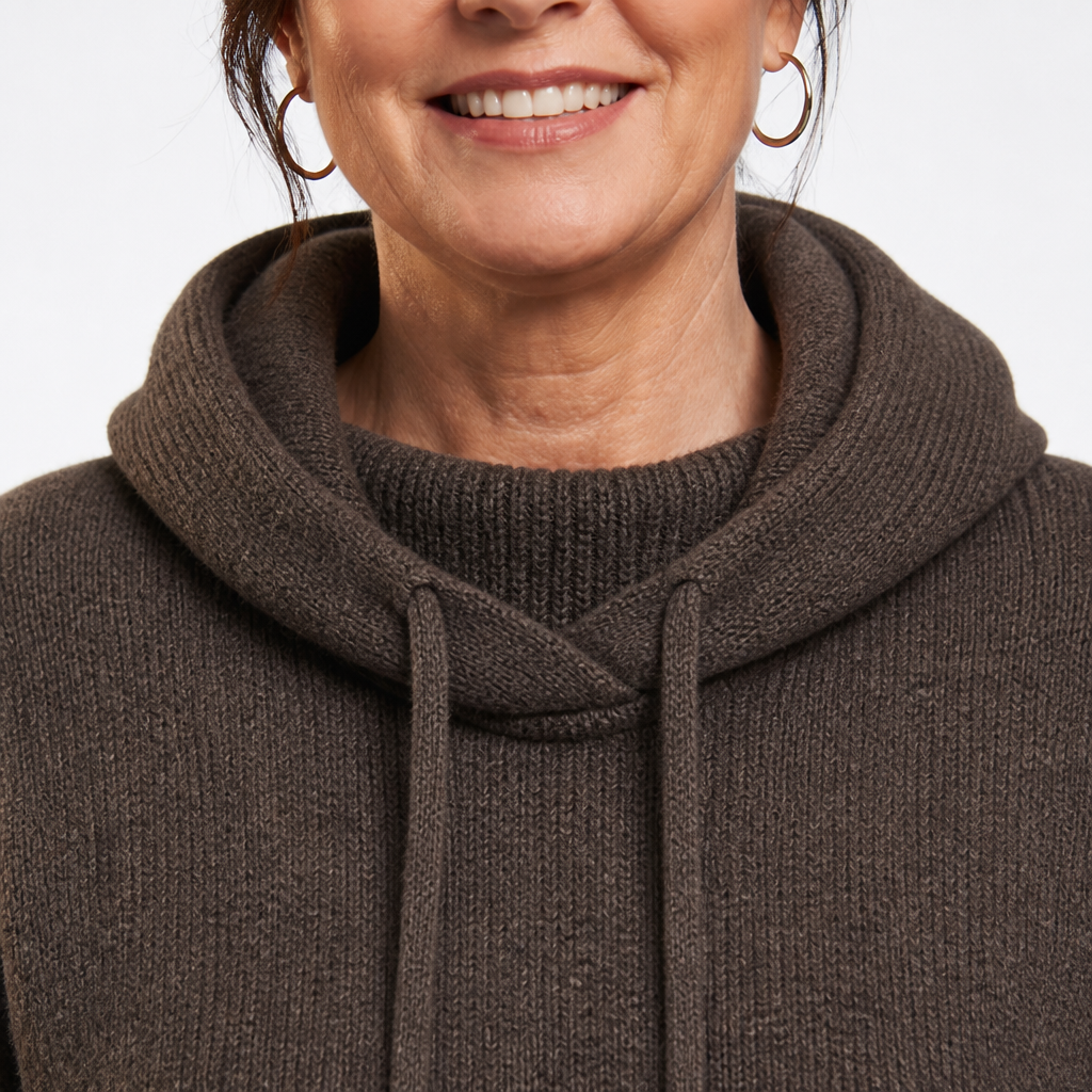 Women's Ribbed Knit Drawstring Hoodie Sweater - Brown detail
