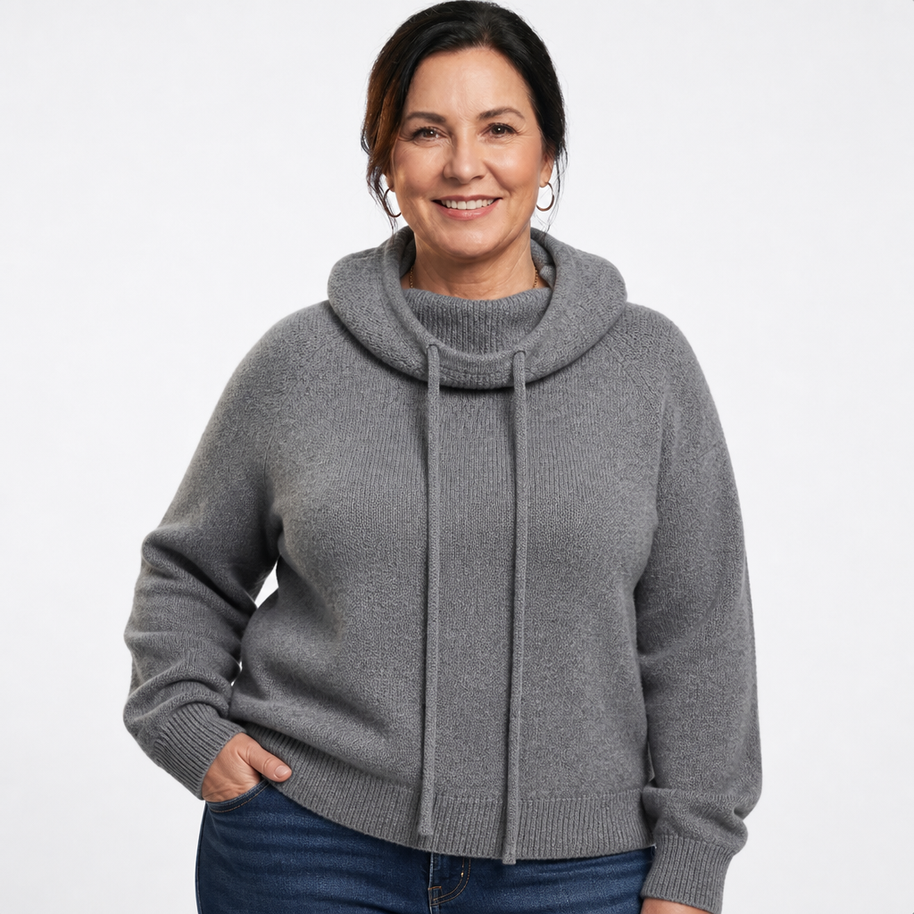 Women's Ribbed Knit Drawstring Hoodie Sweater - Gray
