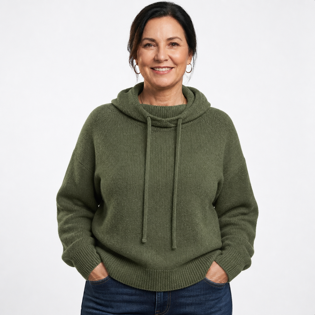 Women's Ribbed Knit Drawstring Hoodie Sweater - Green