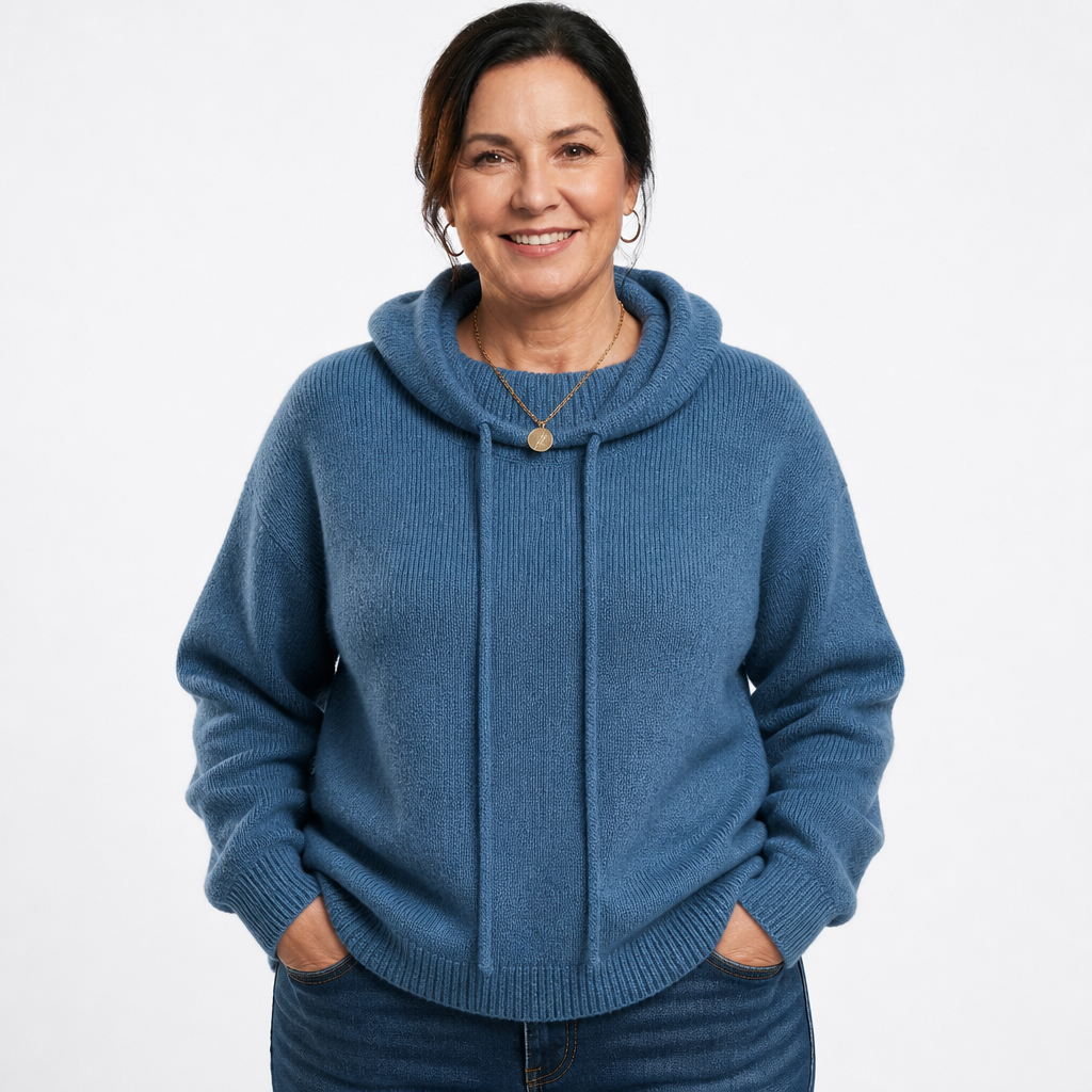 Women's Ribbed Knit Drawstring Hoodie Sweater - Blue