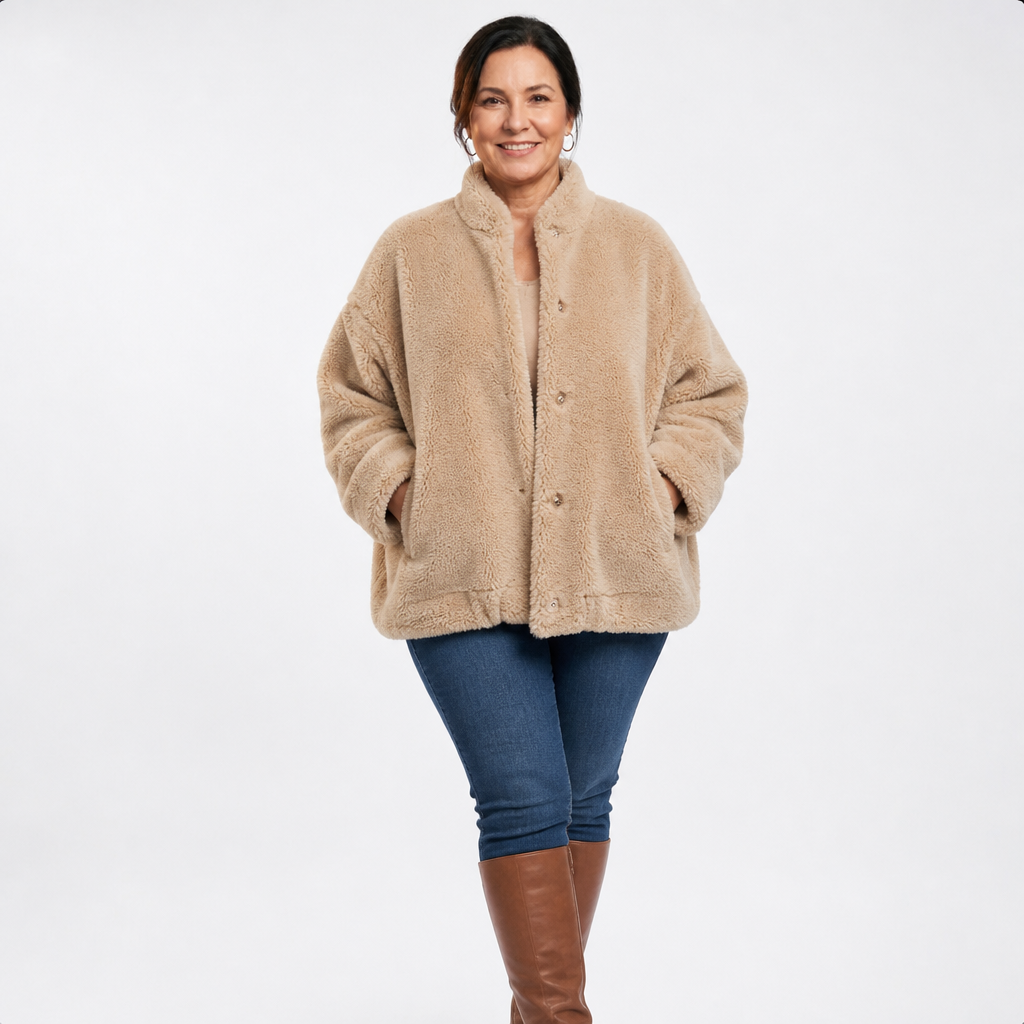 Women's Plus Size Oversized Beige Teddy Bear Jacket